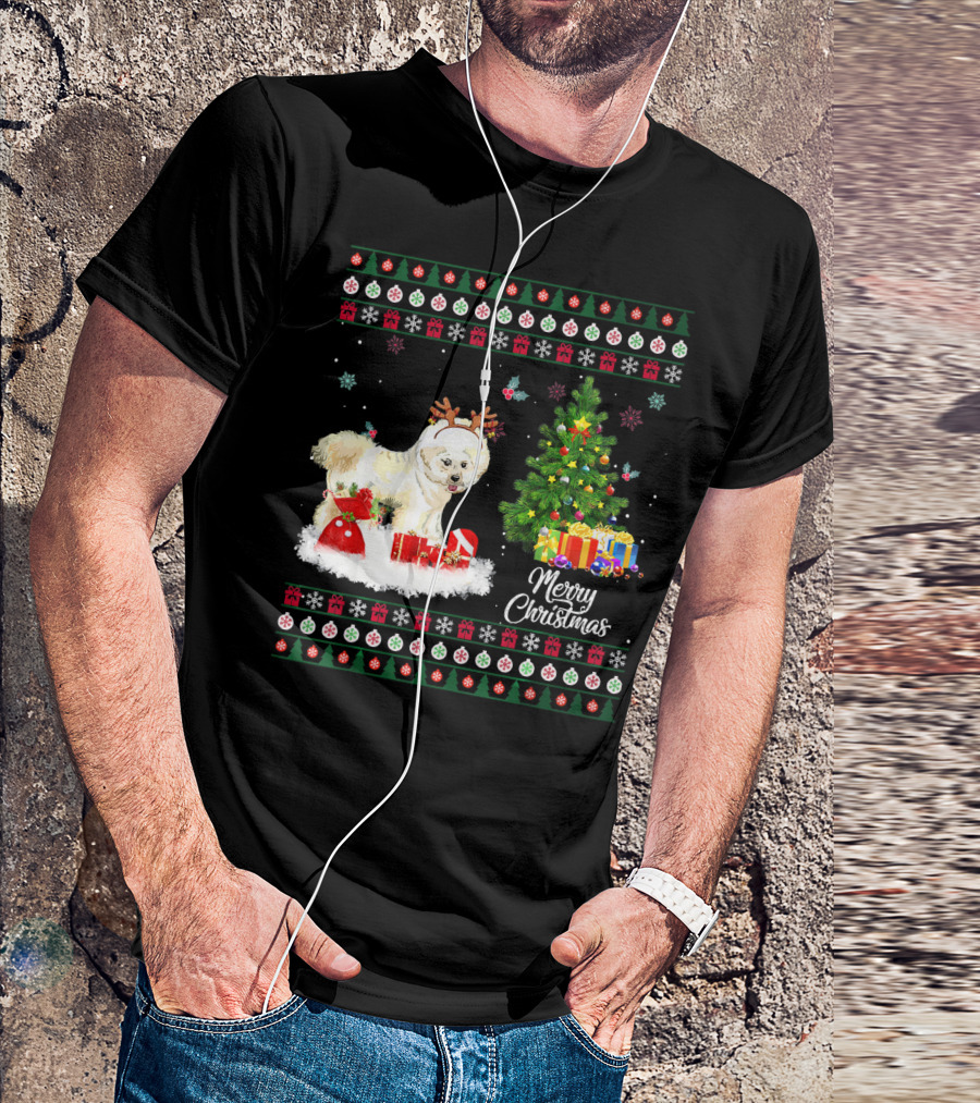 Merry Christmas Bichon Frise Funny Reindeer With Gifts And Tree T-Shirt