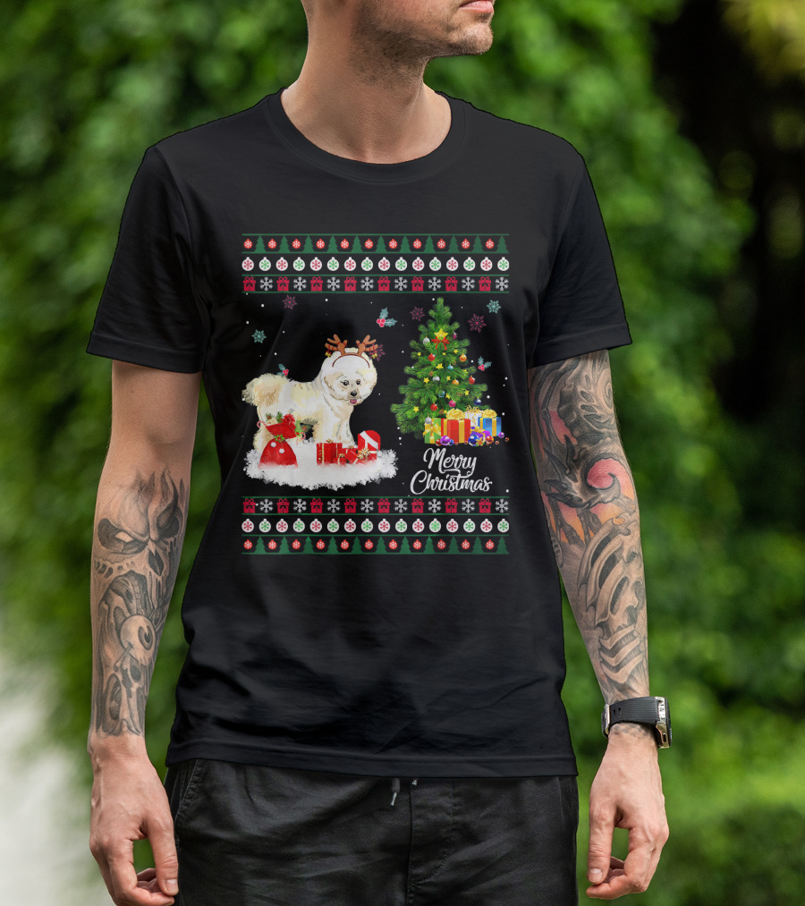 Merry Christmas Bichon Frise Funny Reindeer With Gifts And Tree T-Shirt