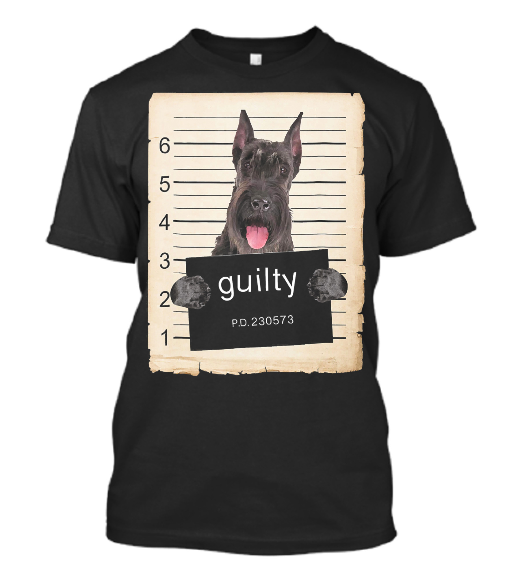 Giant Schnauzer Dog Mugshot Guilty P.D. 230573 T-Shirt