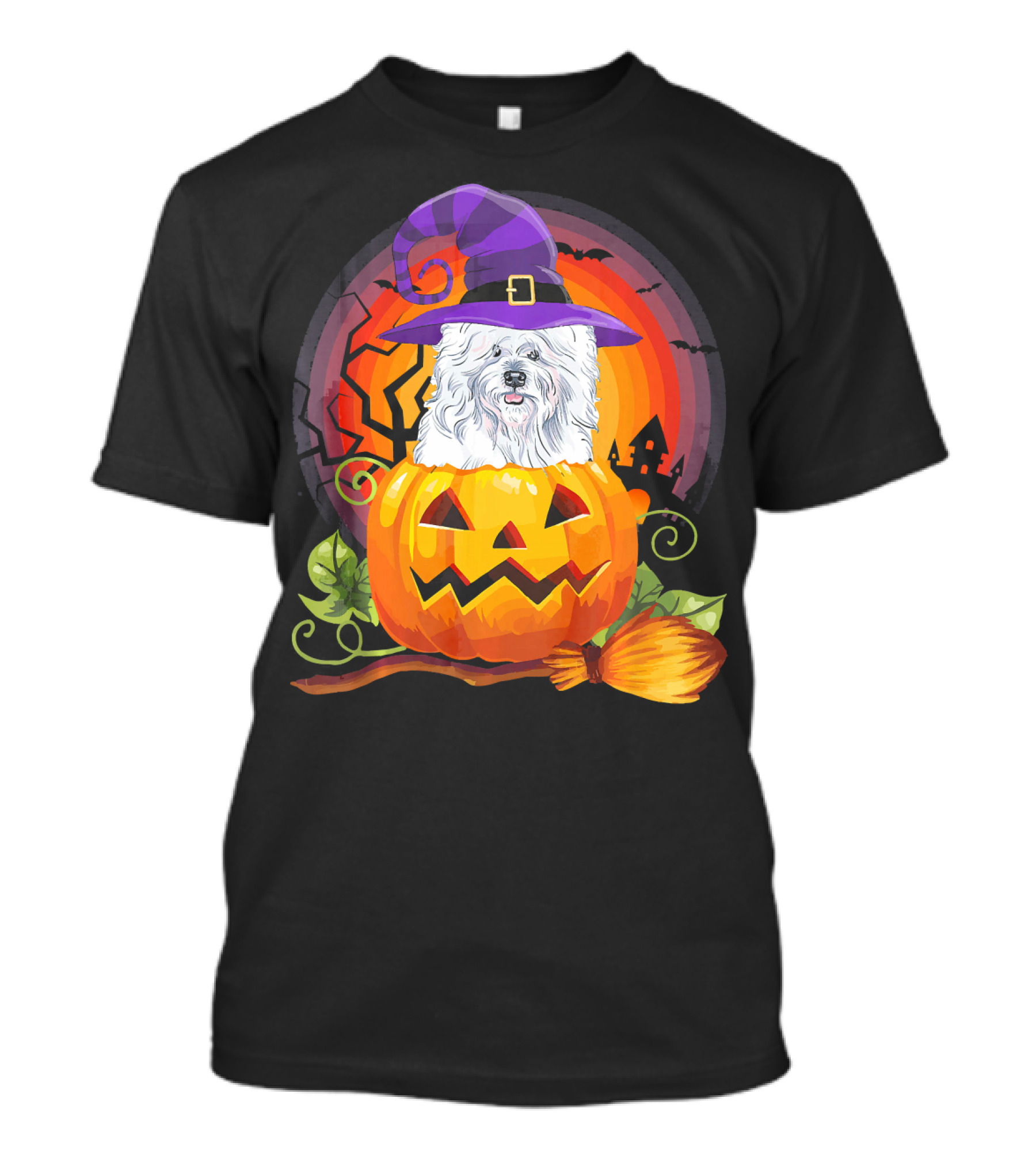 Bichon Frise Witch In Pumpkin With Broomstick And Halloween Scene T-Shirt