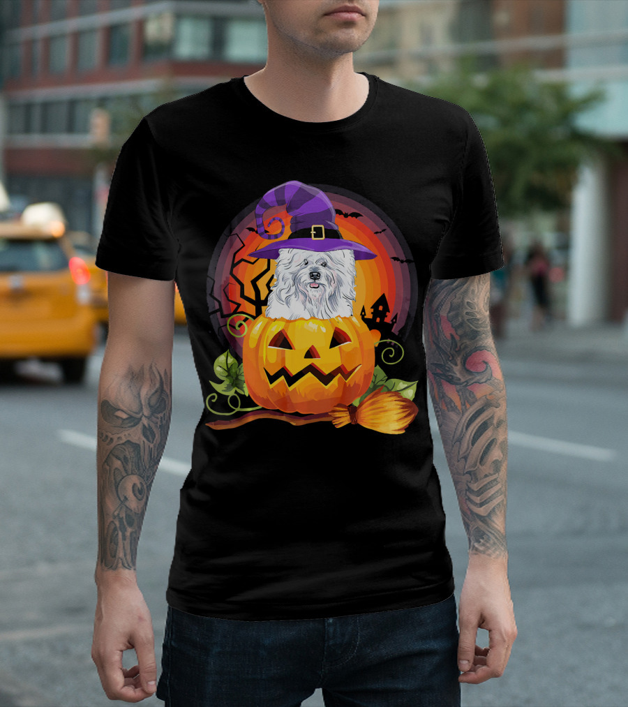 Bichon Frise Witch In Pumpkin With Broomstick And Halloween Scene T-Shirt