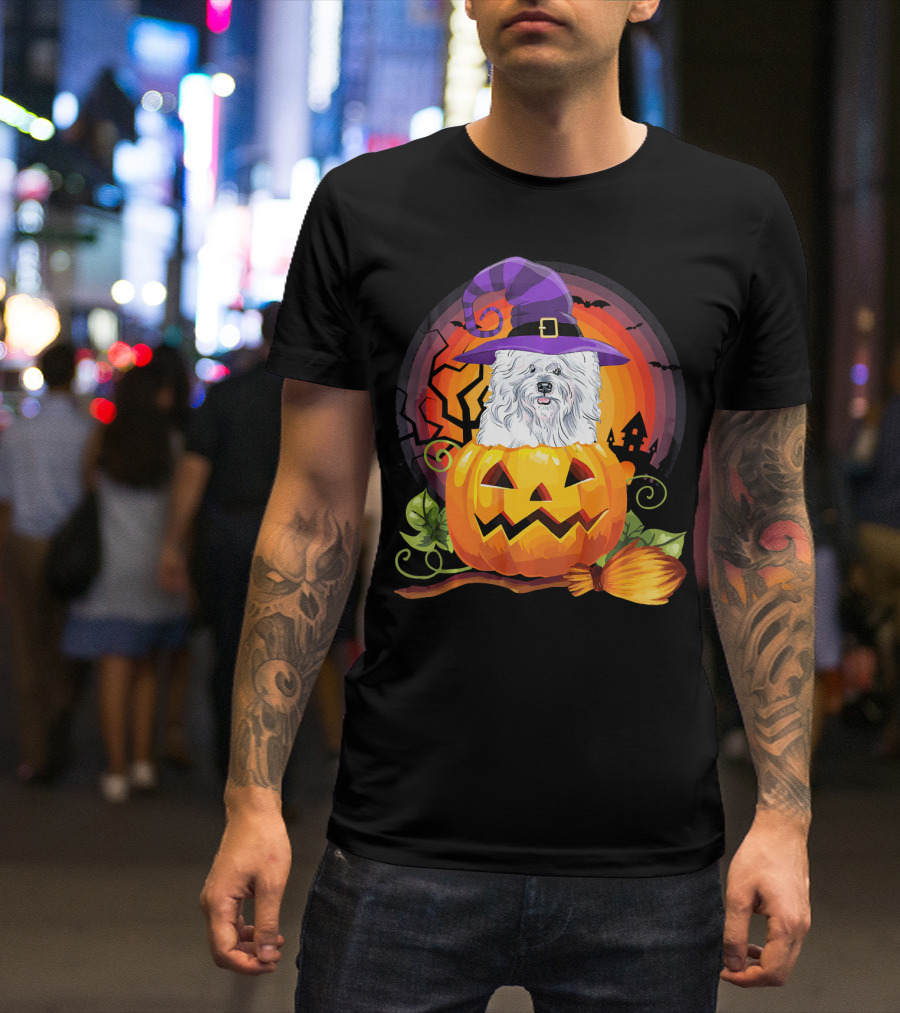 Bichon Frise Witch In Pumpkin With Broomstick And Halloween Scene T-Shirt