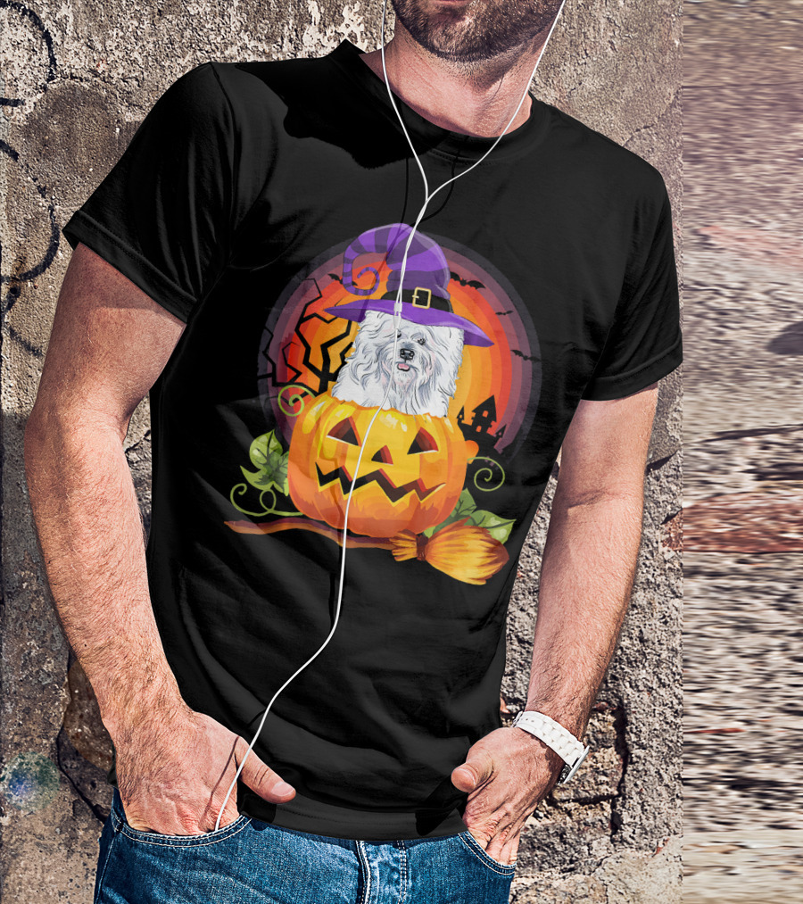 Bichon Frise Witch In Pumpkin With Broomstick And Halloween Scene T-Shirt