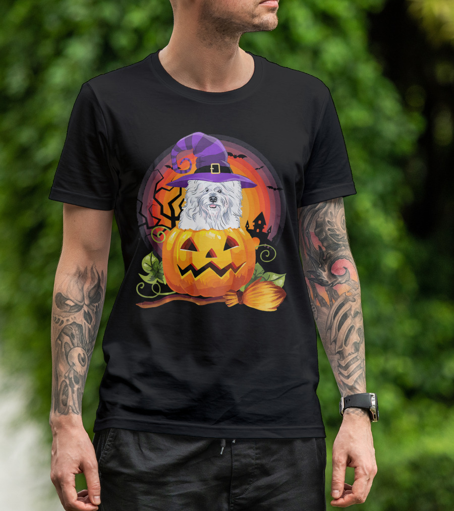 Bichon Frise Witch In Pumpkin With Broomstick And Halloween Scene T-Shirt