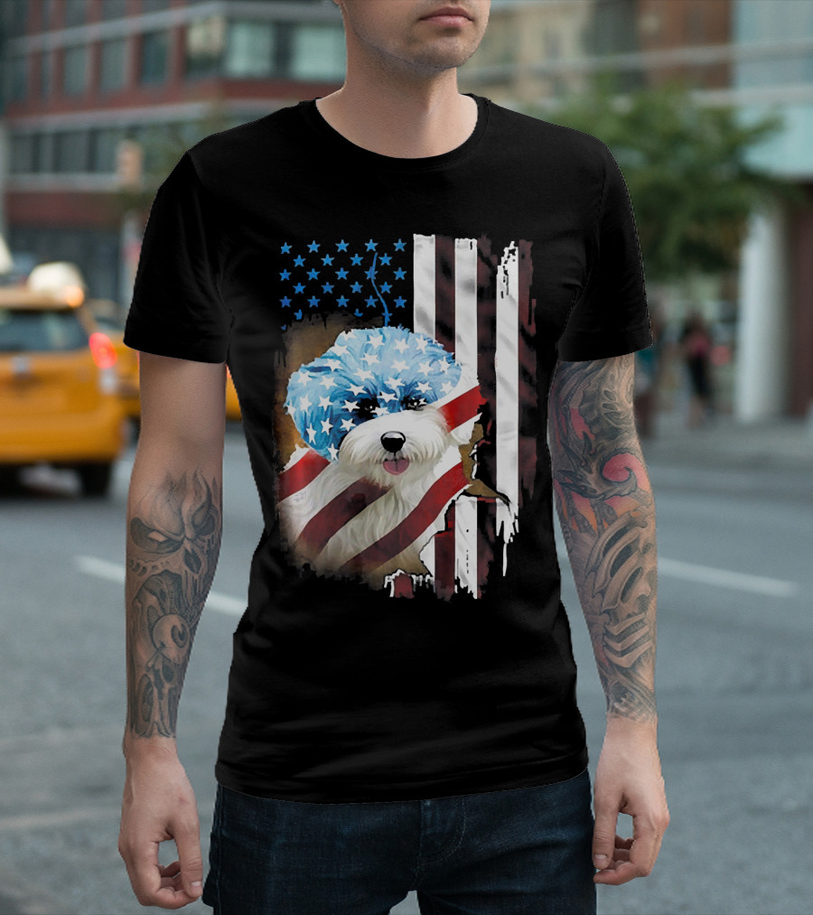Bichon Frise With American Flag Stars And Stripes USA Patriotic Independence Day T-Shirt