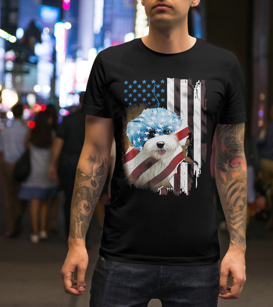 Bichon Frise With American Flag Stars And Stripes USA Patriotic Independence Day T-Shirt