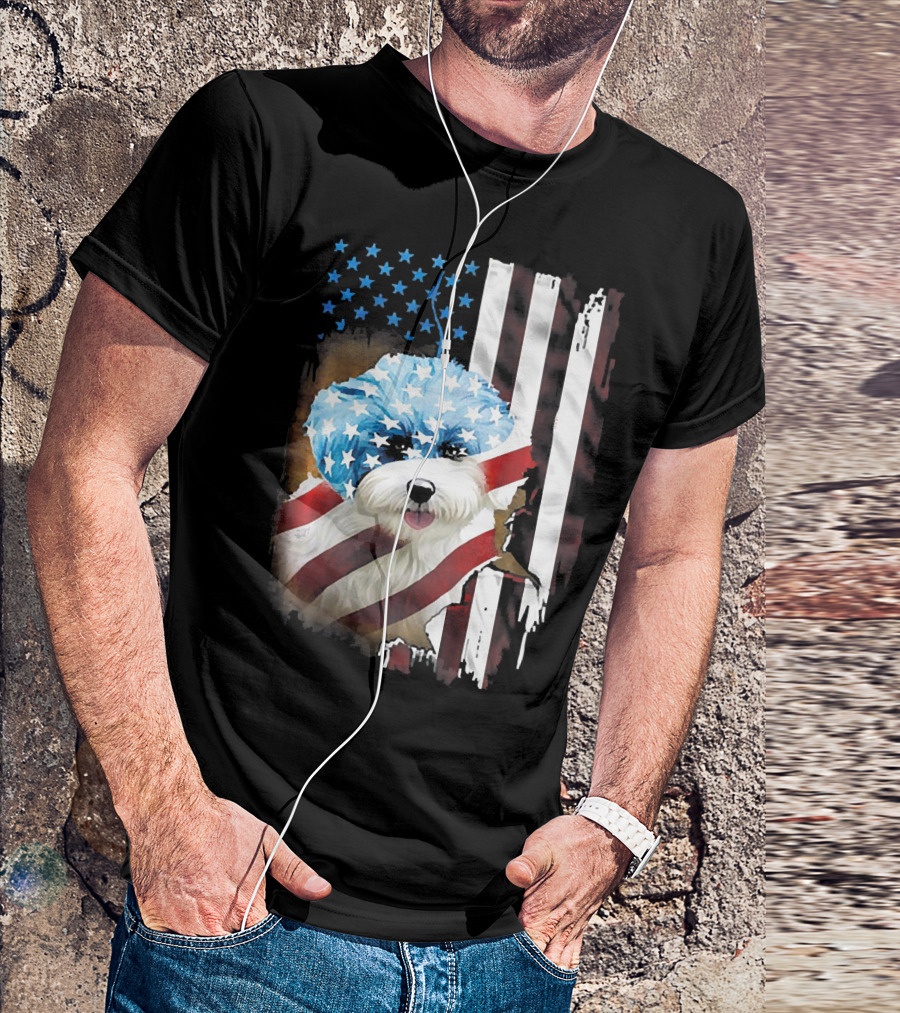 Bichon Frise With American Flag Stars And Stripes USA Patriotic Independence Day T-Shirt