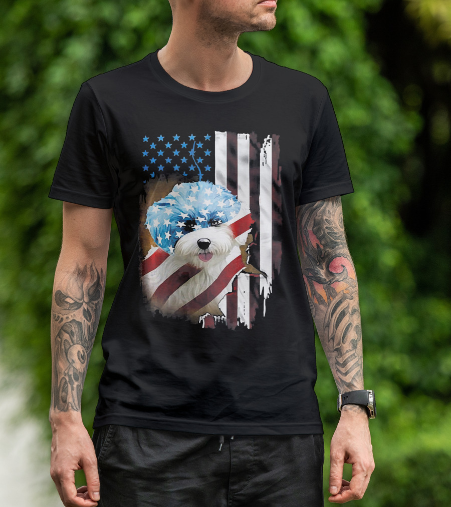 Bichon Frise With American Flag Stars And Stripes USA Patriotic Independence Day T-Shirt