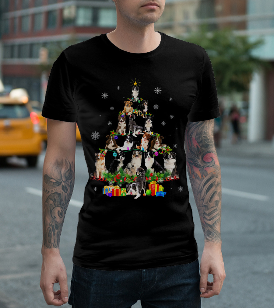 Border Collie Christmas Tree with Lights and Snowflakes T-Shirt