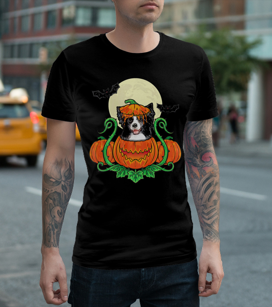 Border Collie Inside Carved Pumpkin with Full Moon and Bats T-Shirt
