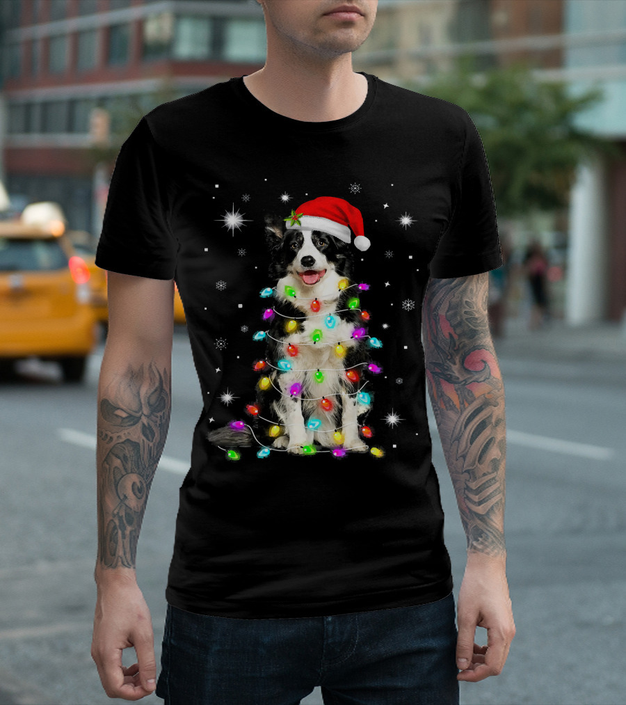 Christmas With Border Collie Dog Wrapped in Holiday Lights and Santa Hat T-Shirt