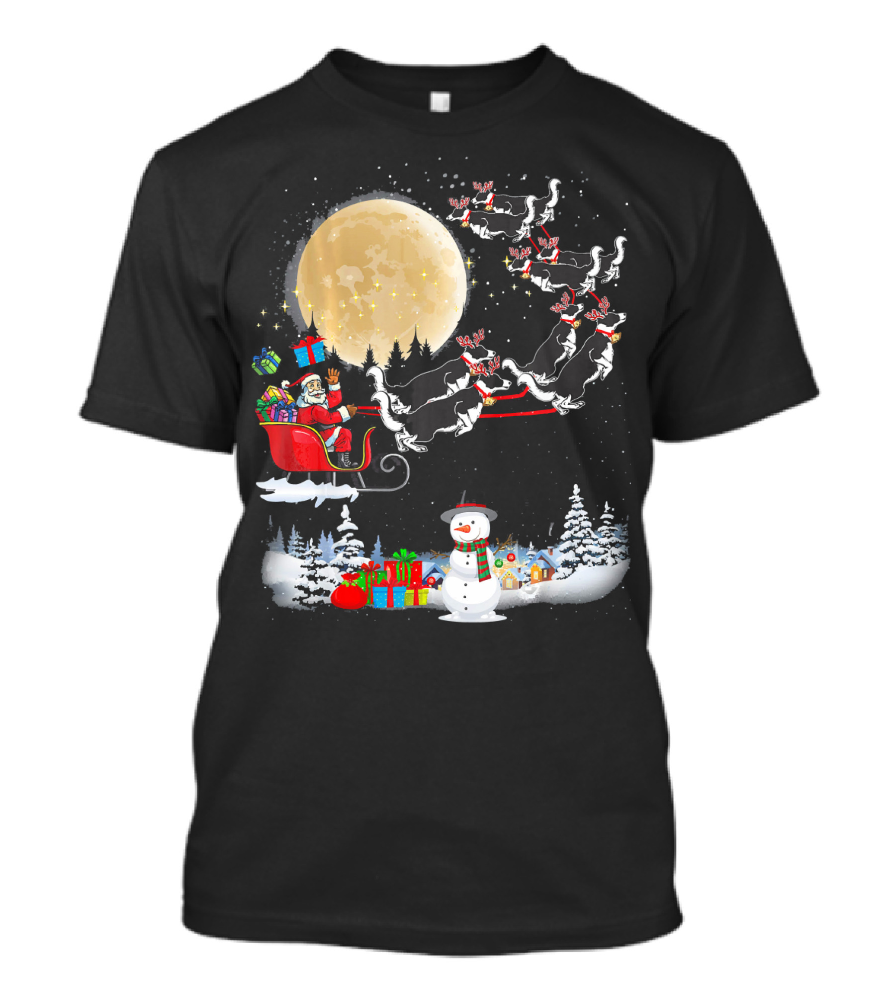 Border Collie Christmas Santa's Sleigh With Presents And Snowman Scene T-Shirt