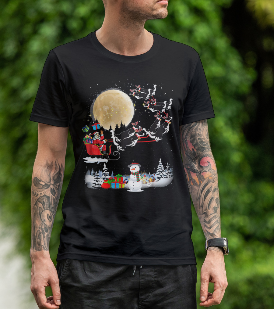 Border Collie Christmas Santa's Sleigh With Presents And Snowman Scene T-Shirt