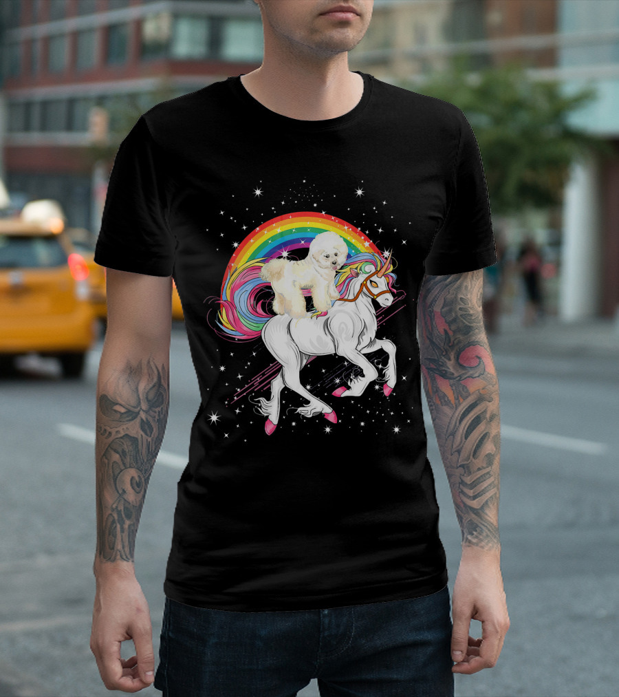 Bichon Frise Riding Unicorn Rainbow Galaxy Stars Girls T-Shirt