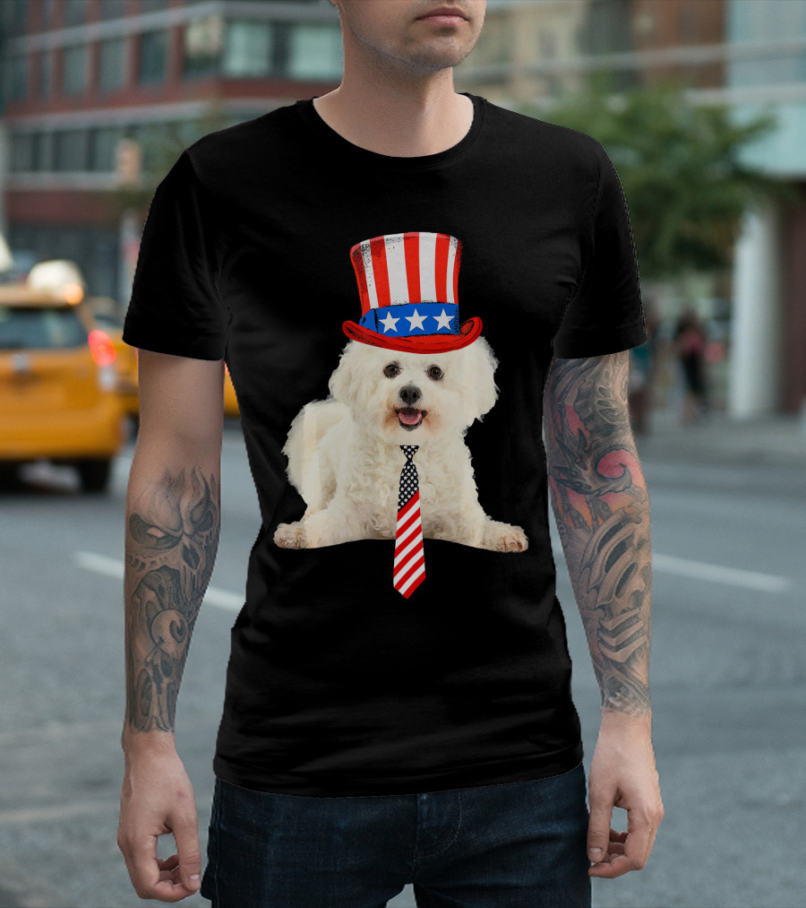 Bichon Frise 4th of July Dog in Uncle Sam Top Hat with American Flag Tie T-Shirt