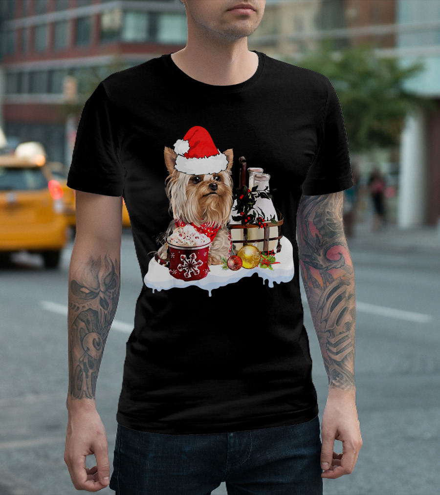 Cute Yorkshire Terrier with Santa Hat Christmas Hot Cocoa Milk and Ornaments T-Shirt