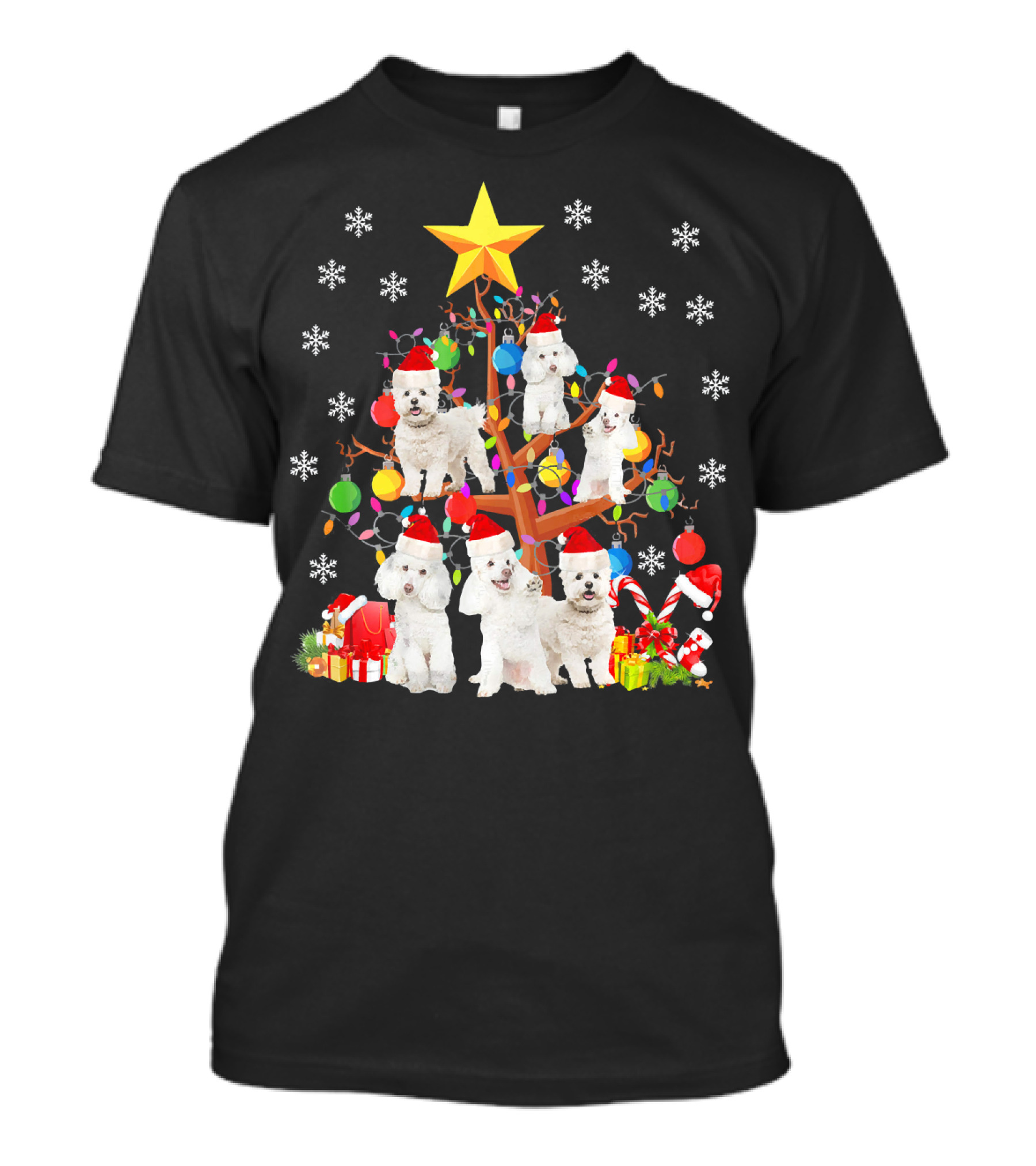 Bichon Frise Christmas Tree Ornament Santa Hats Snowflakes Gift Boxes Holiday Lights T-Shirt