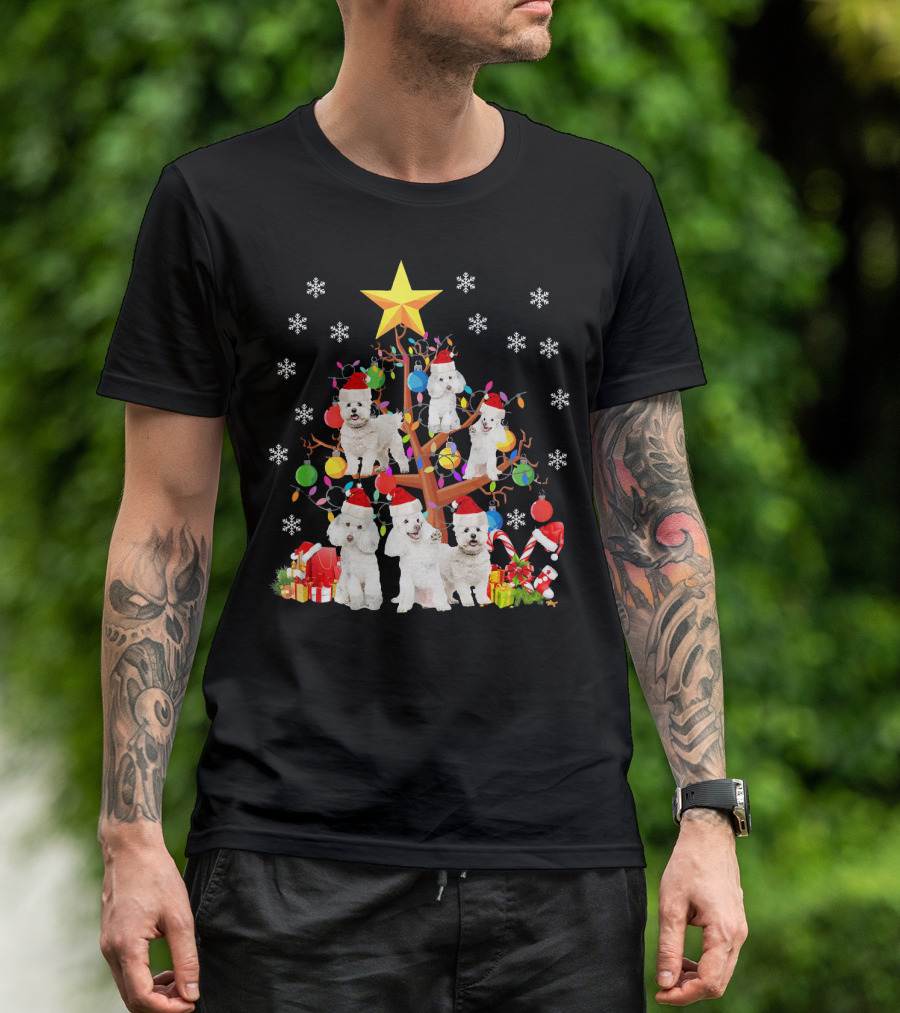 Bichon Frise Christmas Tree Ornament Santa Hats Snowflakes Gift Boxes Holiday Lights T-Shirt