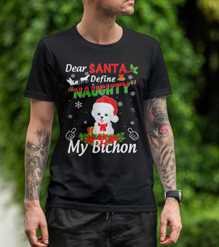 Dear Santa Define Naughty My Bichon Snowflakes Sleigh Holly Santa Hat T-Shirt