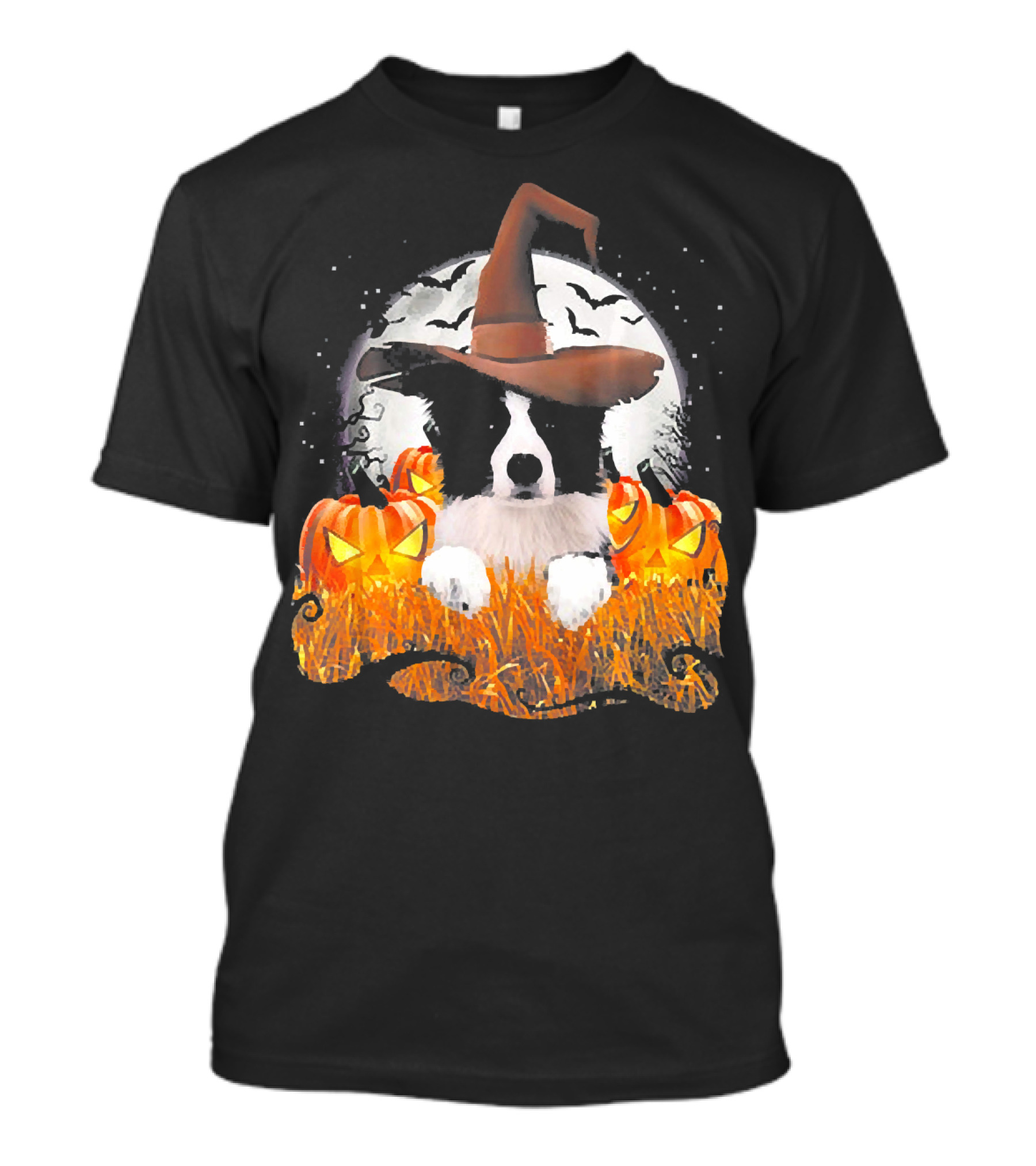 Border Collie Halloween Cute Dog Witch Pumpkins Moon Bats T-Shirt
