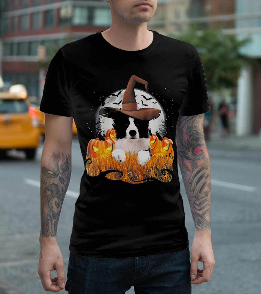 Border Collie Halloween Cute Dog Witch Pumpkins Moon Bats T-Shirt