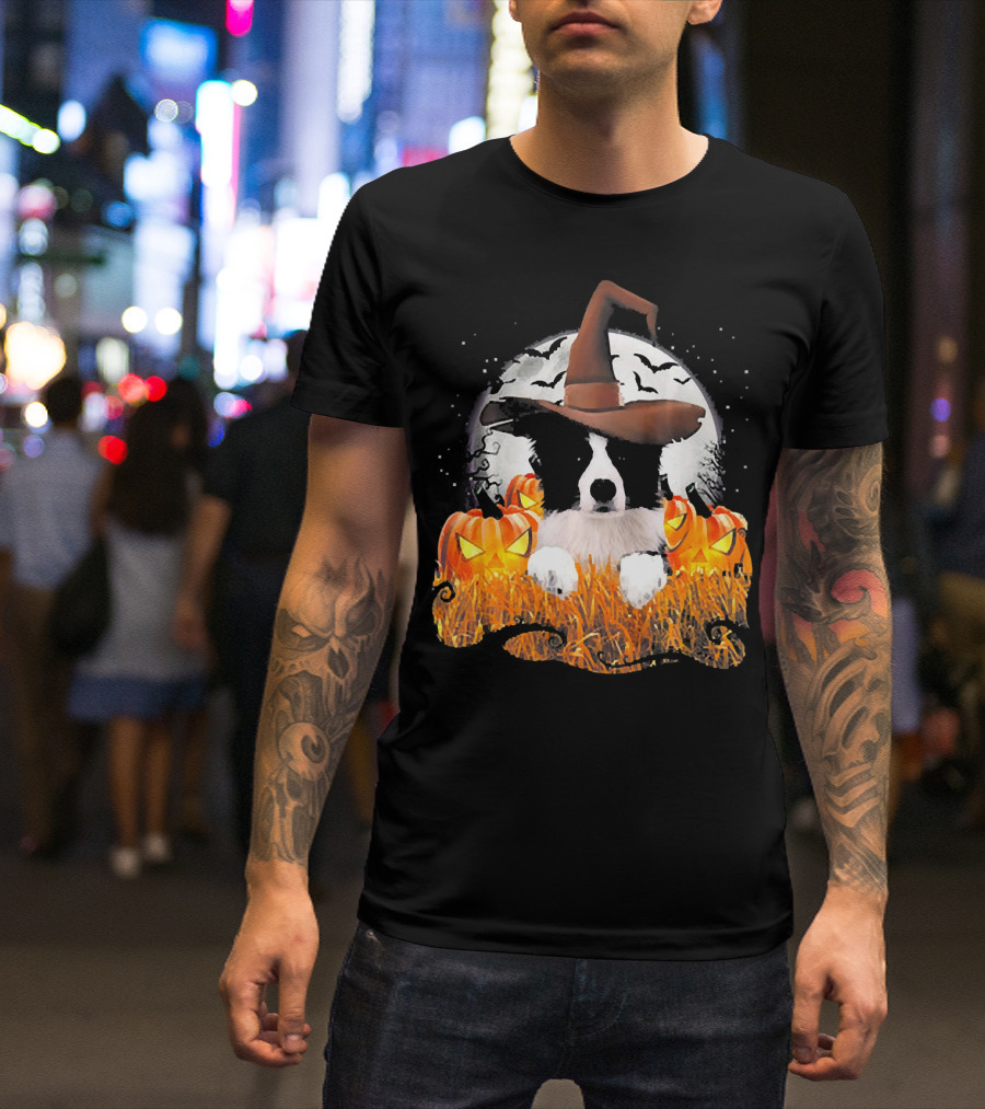 Border Collie Halloween Cute Dog Witch Pumpkins Moon Bats T-Shirt