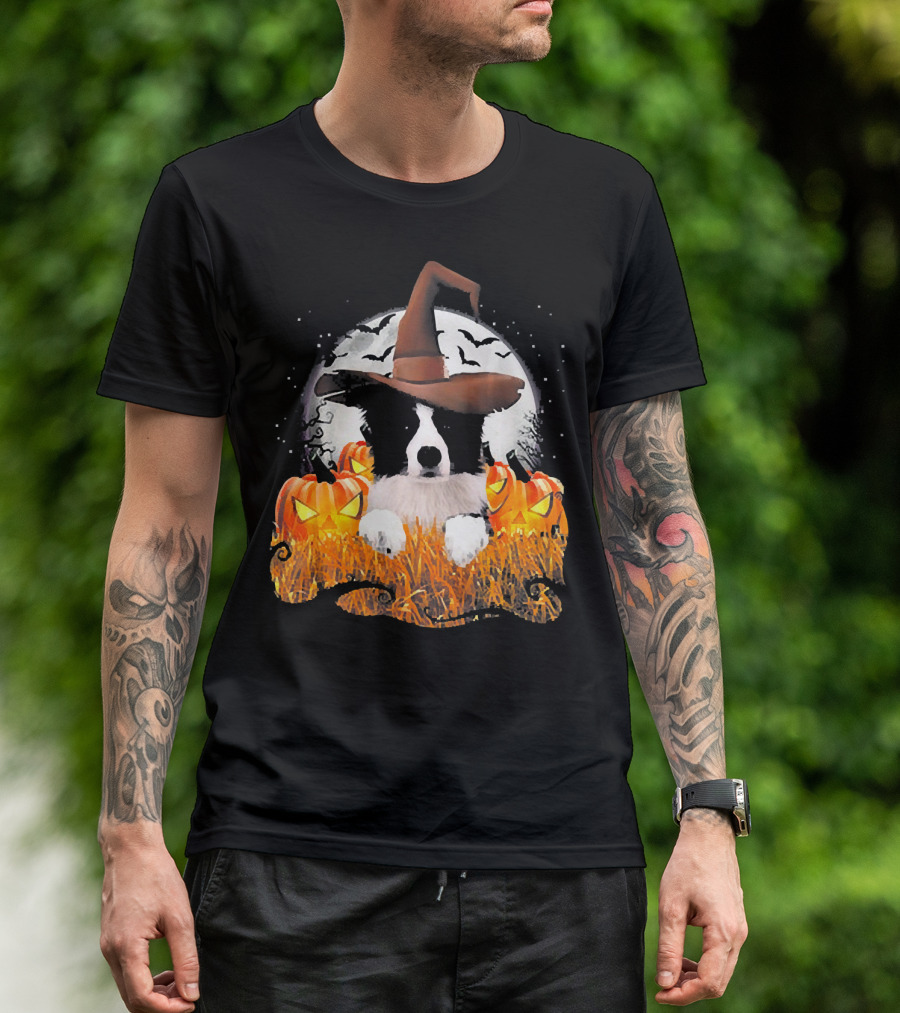 Border Collie Halloween Cute Dog Witch Pumpkins Moon Bats T-Shirt