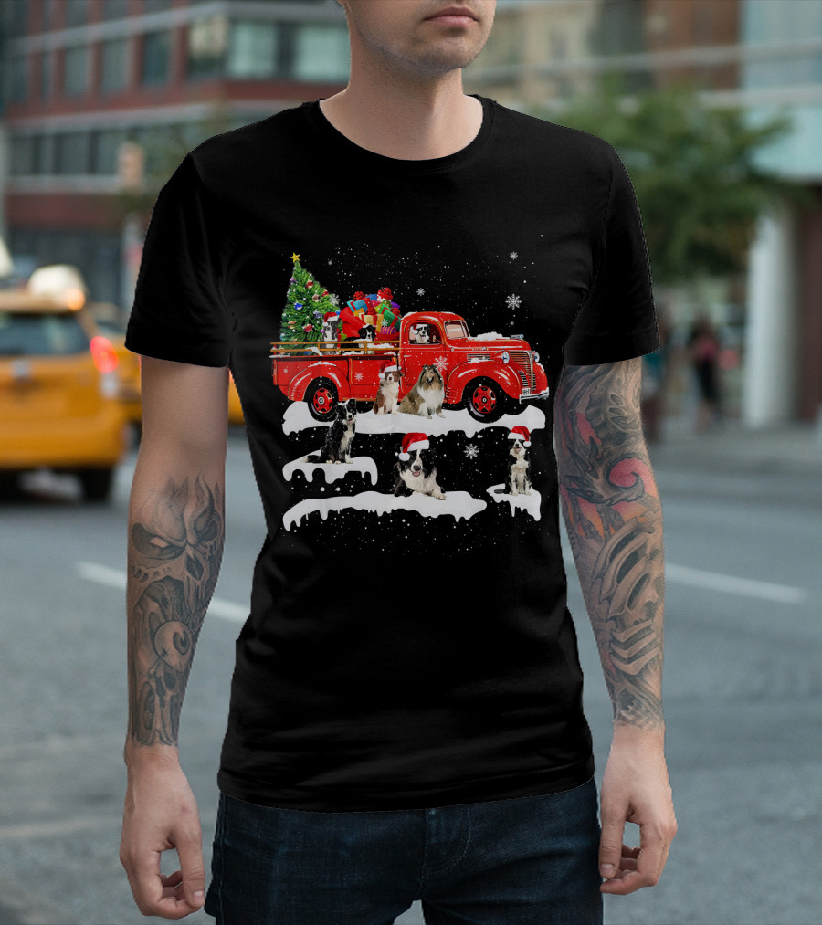 Border Collie Christmas on Vintage Red Truck with Santa Hats and Snowflakes T-Shirt