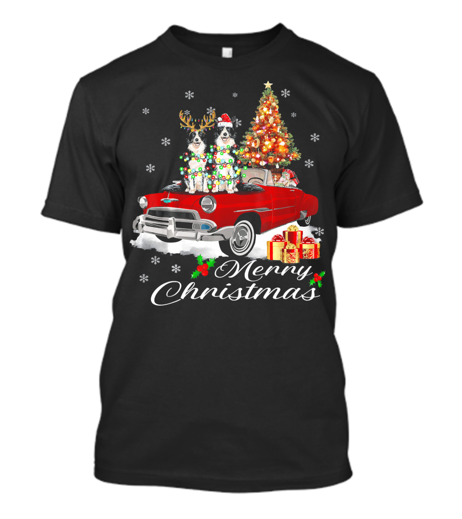 Merry Christmas Border Collie Red Truck With Santa And Christmas Tree Holiday Scene T-Shirt