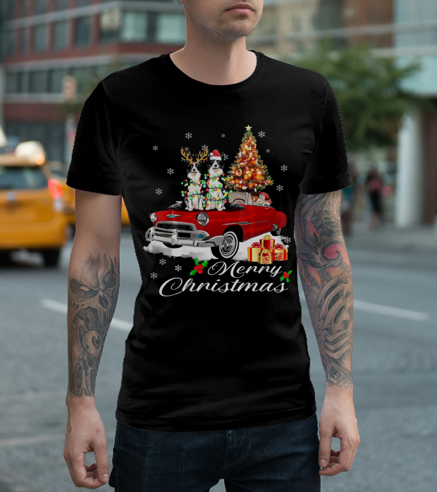 Merry Christmas Border Collie Red Truck With Santa And Christmas Tree Holiday Scene T-Shirt