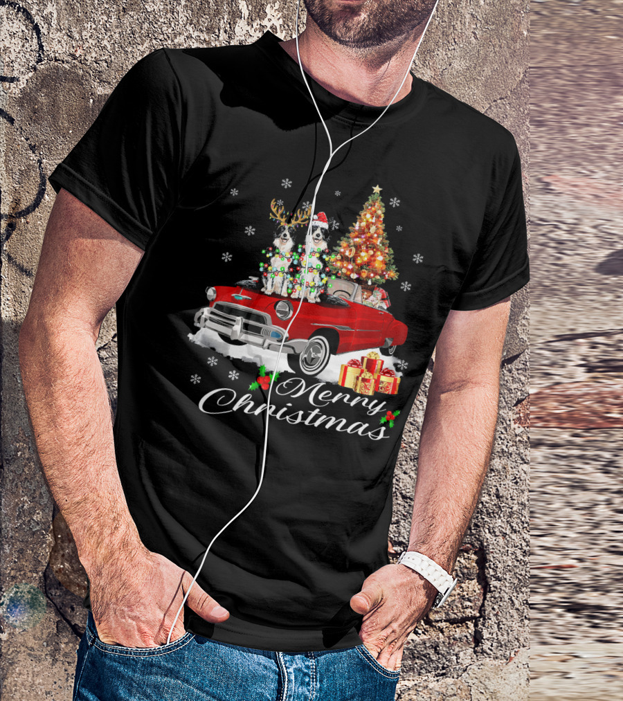Merry Christmas Border Collie Red Truck With Santa And Christmas Tree Holiday Scene T-Shirt