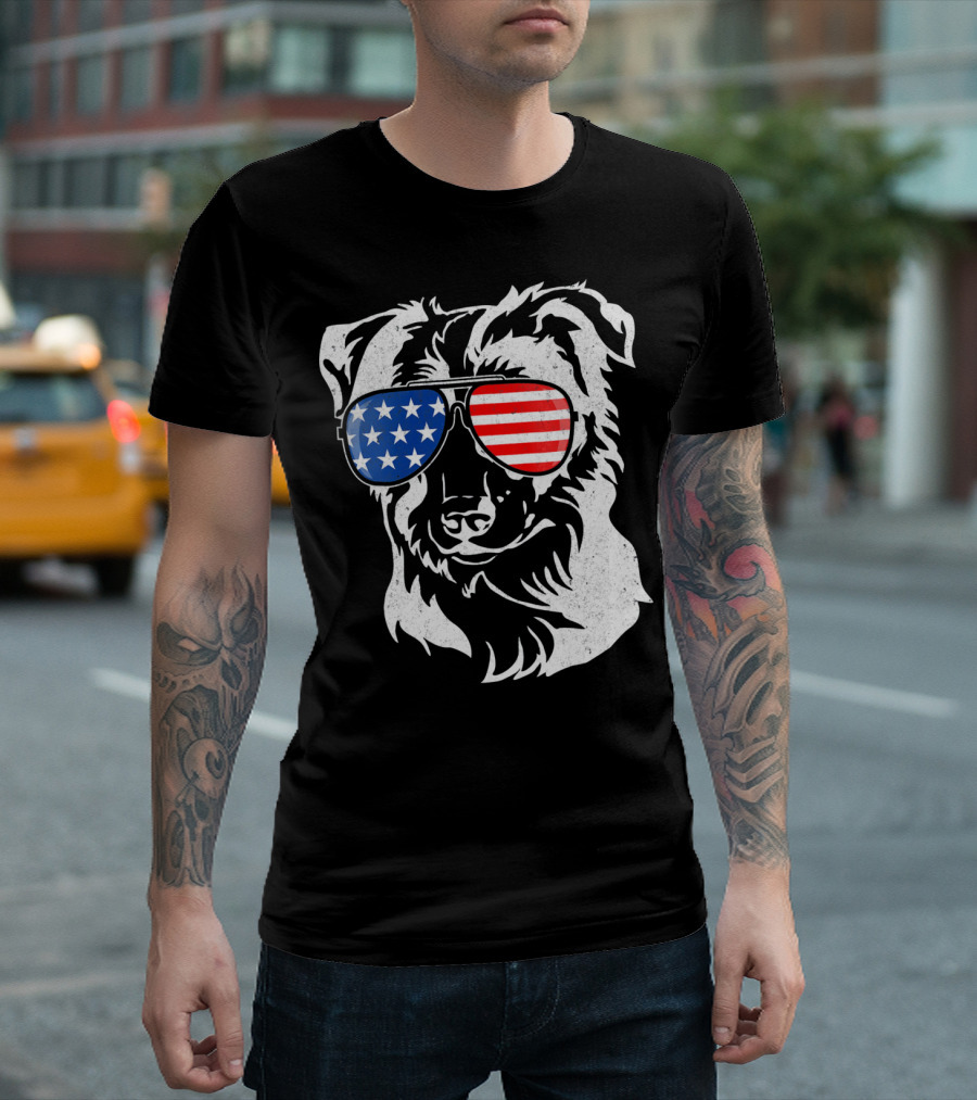 Proud Border Collie Patriotic American Flag Sunglasses USA T-Shirt