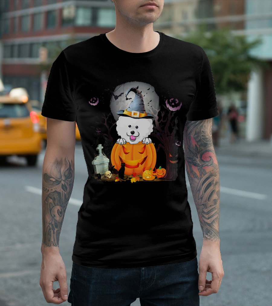 Bichon Frise Dog in Witch Hat with Pumpkin and Halloween Scene T-Shirt