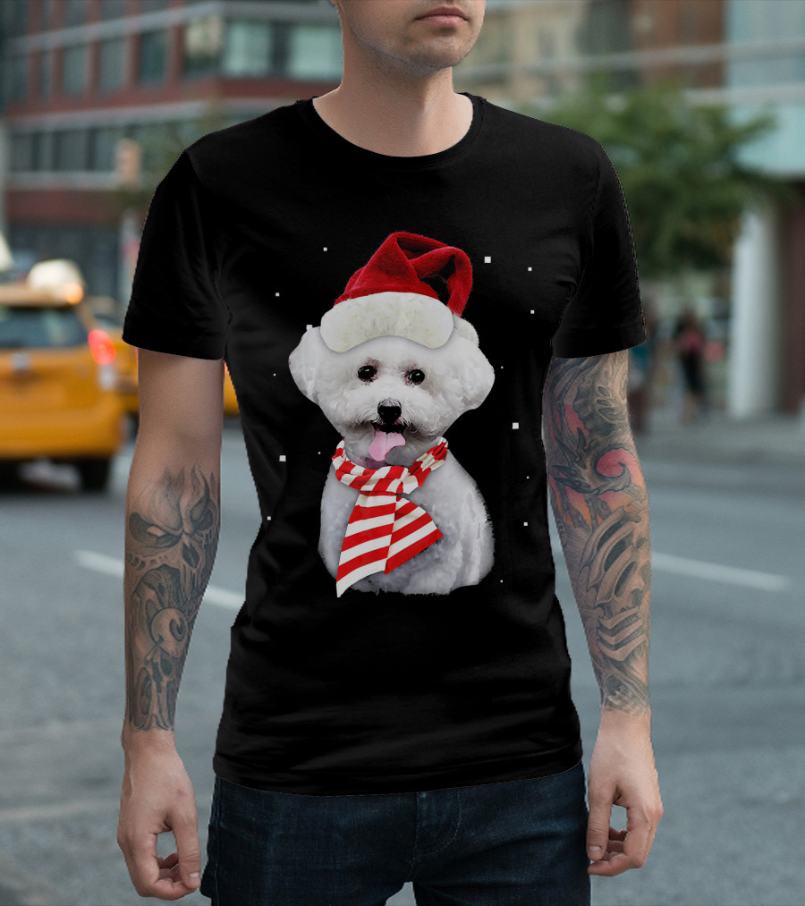 Bichon Frise Santa Merry Christmas Dog with Red Hat and Scarf T-Shirt