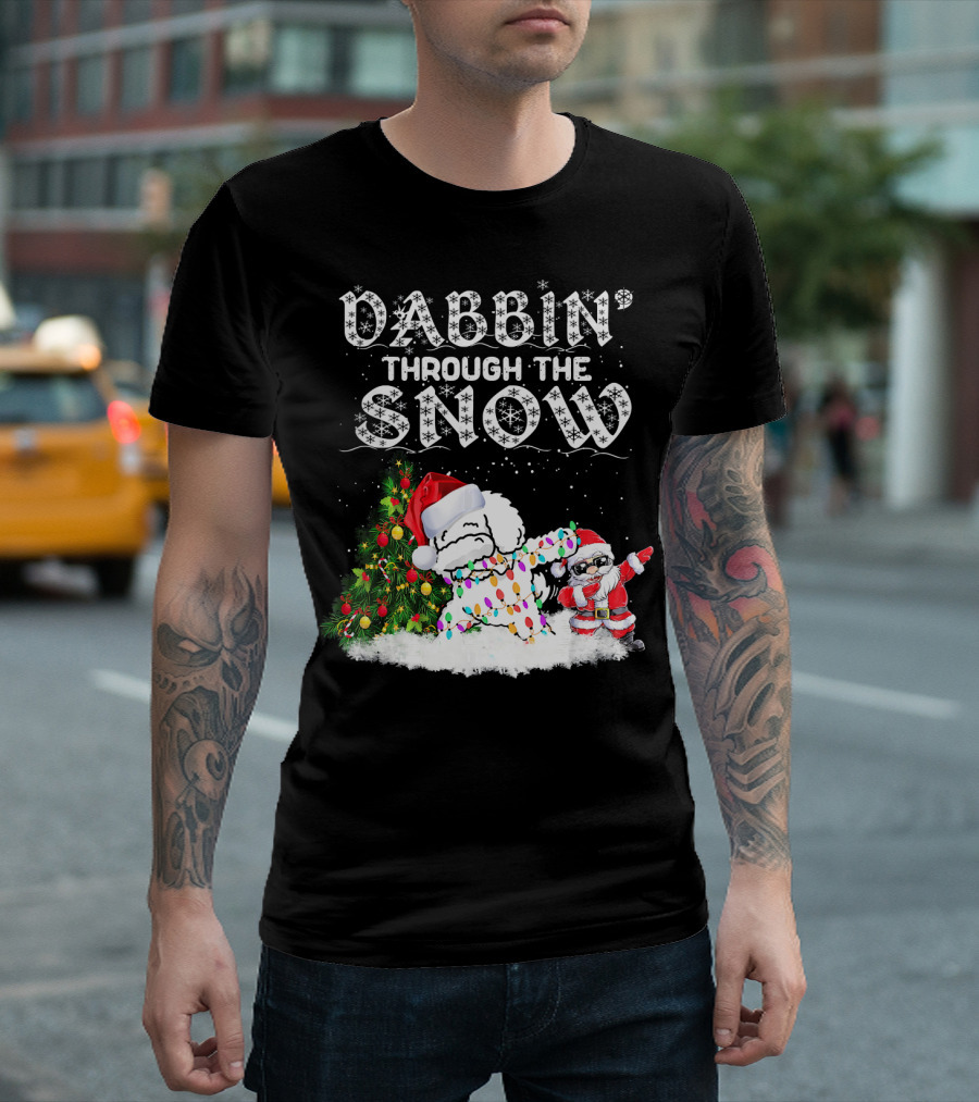 Dabbin Through The Snow Bichon Frise Christmas Lights Santa Hat T-Shirt