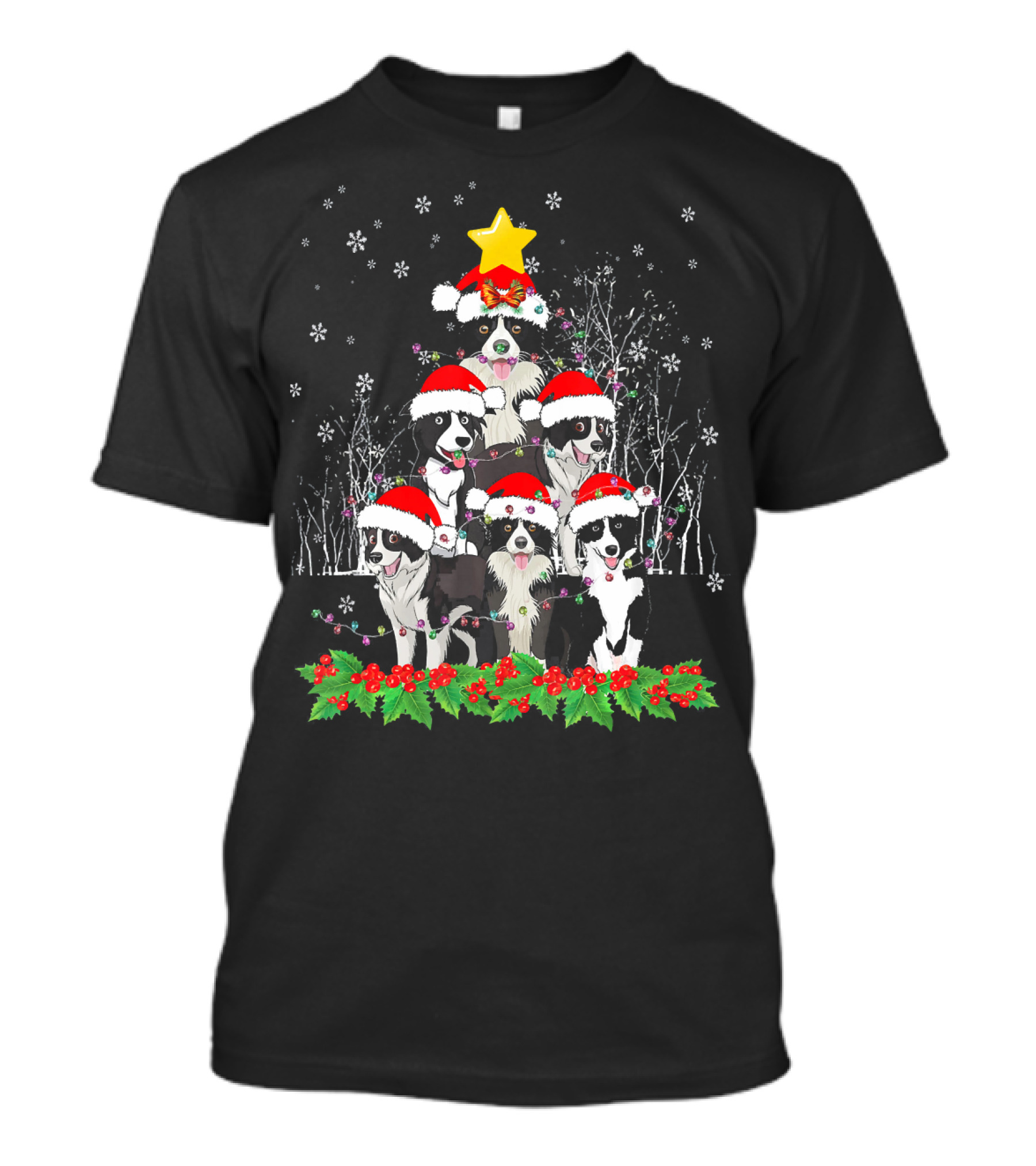 Border Collie Christmas Tree With Santa Hat And Stars T-Shirt