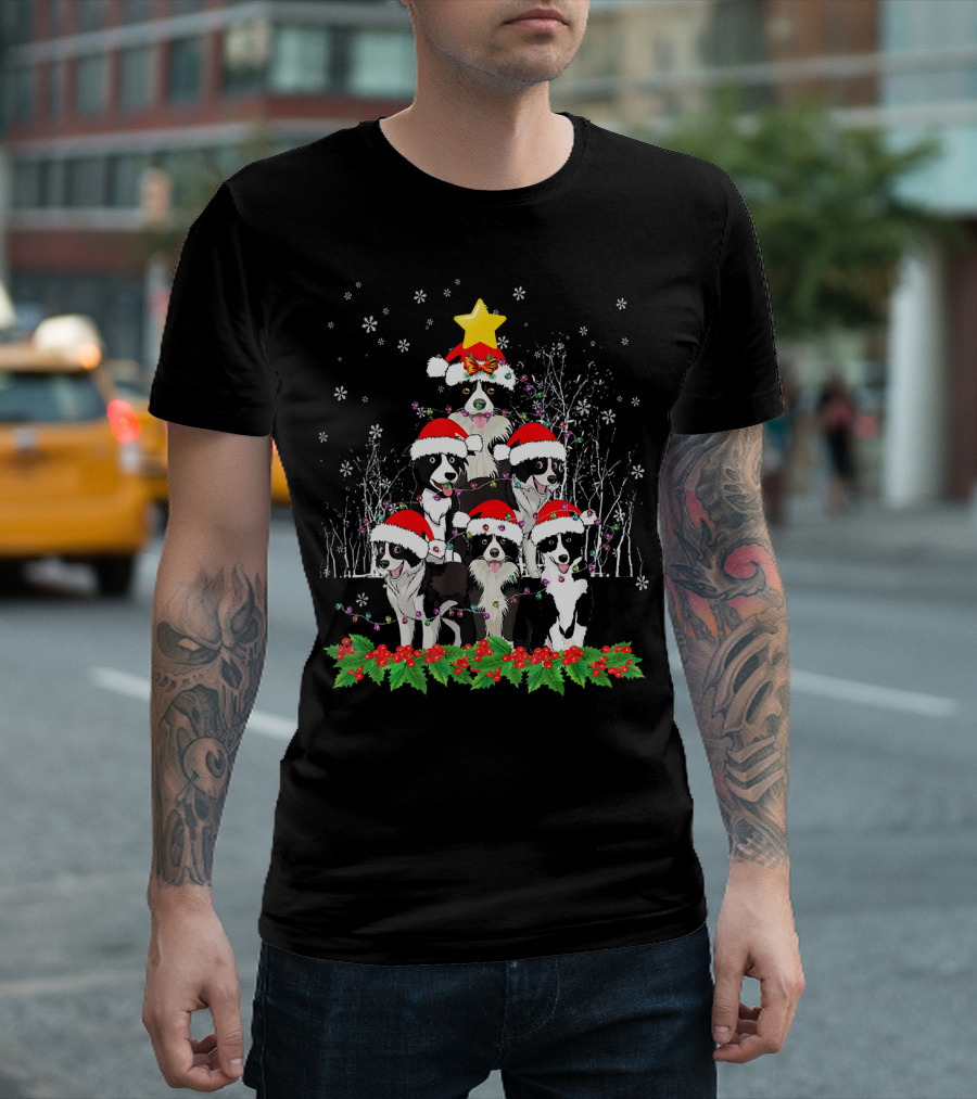 Border Collie Christmas Tree With Santa Hat And Stars T-Shirt