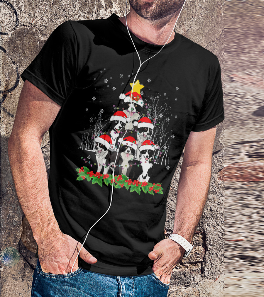 Border Collie Christmas Tree With Santa Hat And Stars T-Shirt