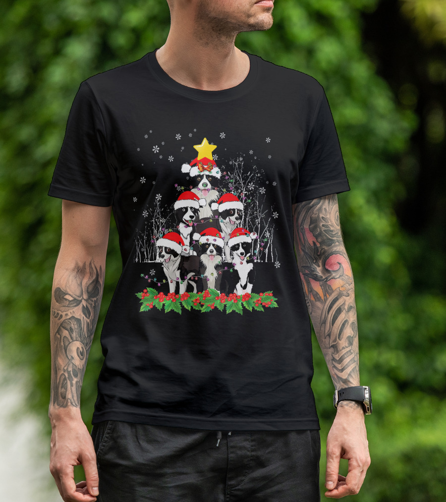 Border Collie Christmas Tree With Santa Hat And Stars T-Shirt