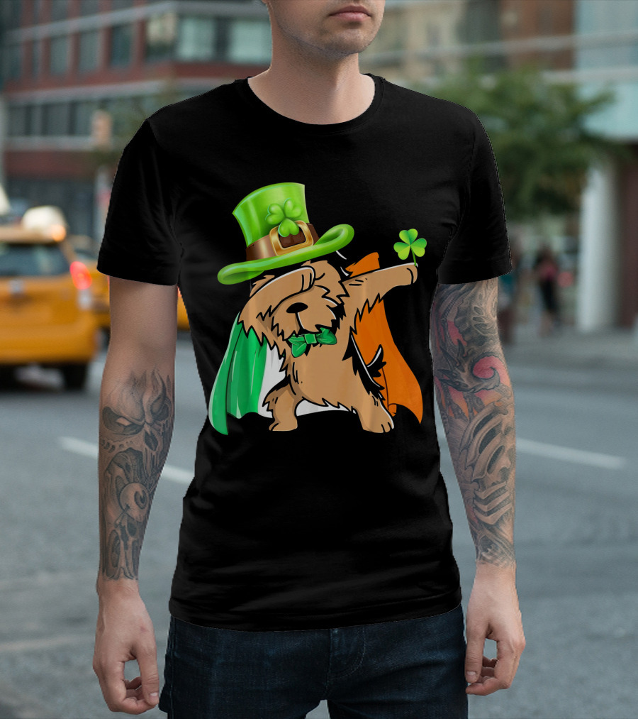 Dabbing Yorkshire Terrier Leprechaun Hat Irish Flag Shamrock T-Shirt