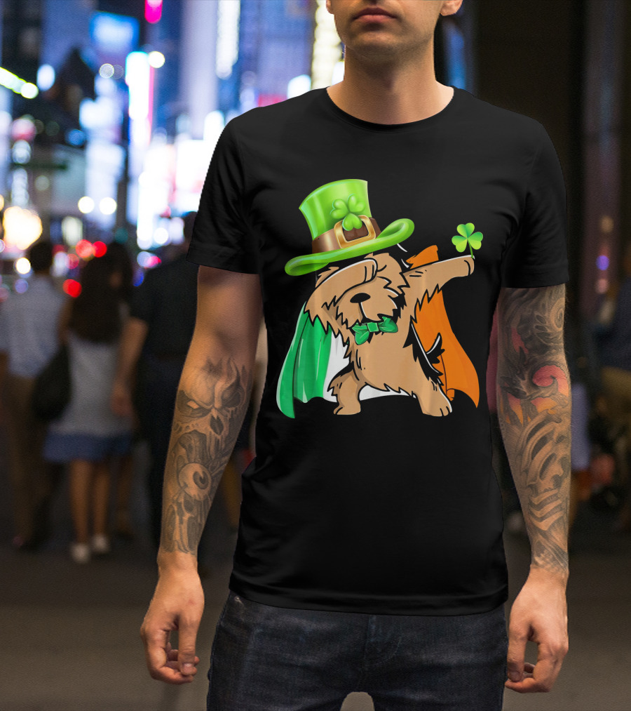 Dabbing Yorkshire Terrier Leprechaun Hat Irish Flag Shamrock T-Shirt