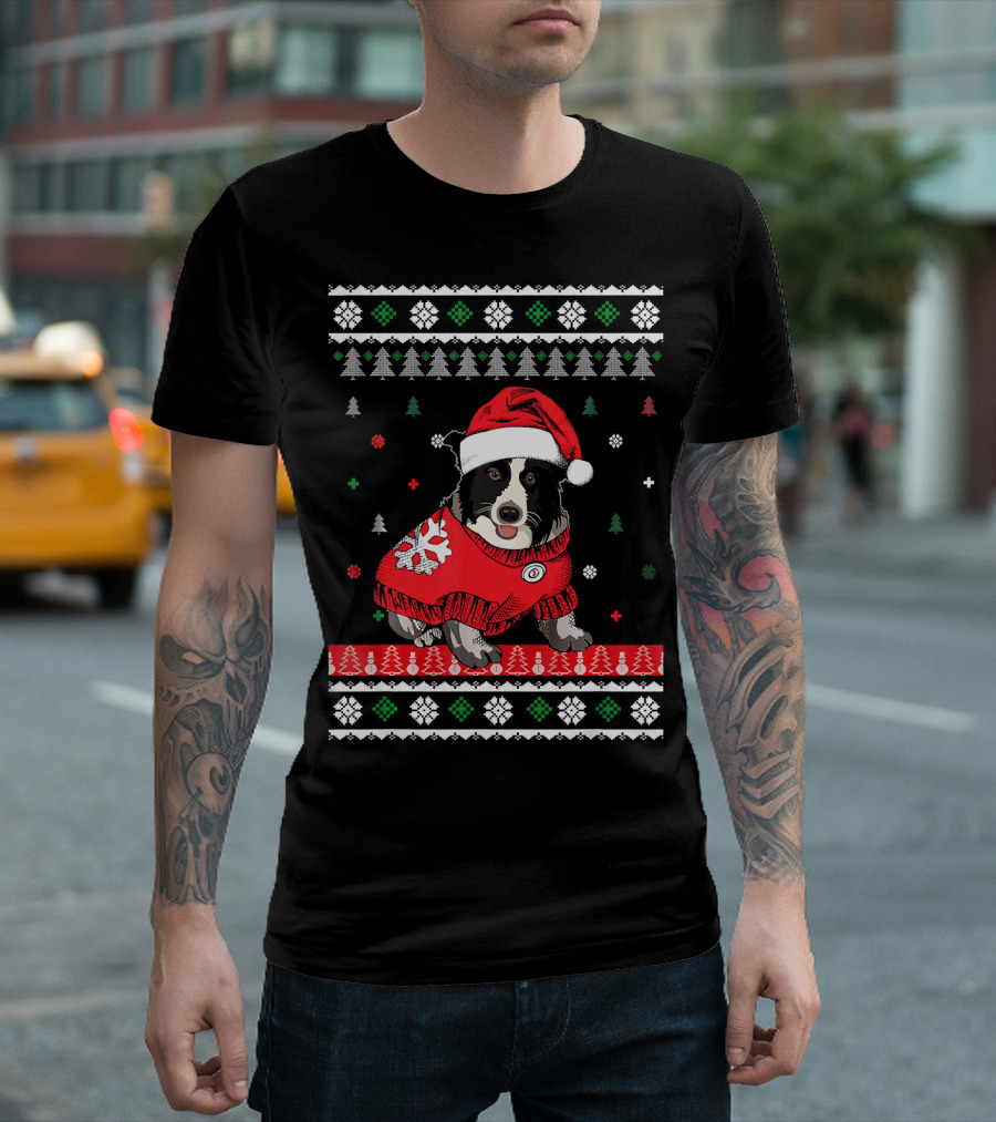 Border Collie Christmas Sweater Santa Hat Festive T-Shirt