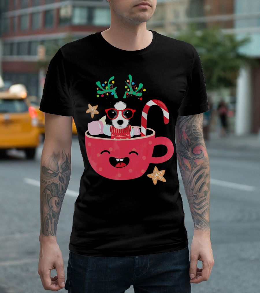 Border Collie in Festive Teacup with Candy Cane and Holiday Antlers T-Shirt