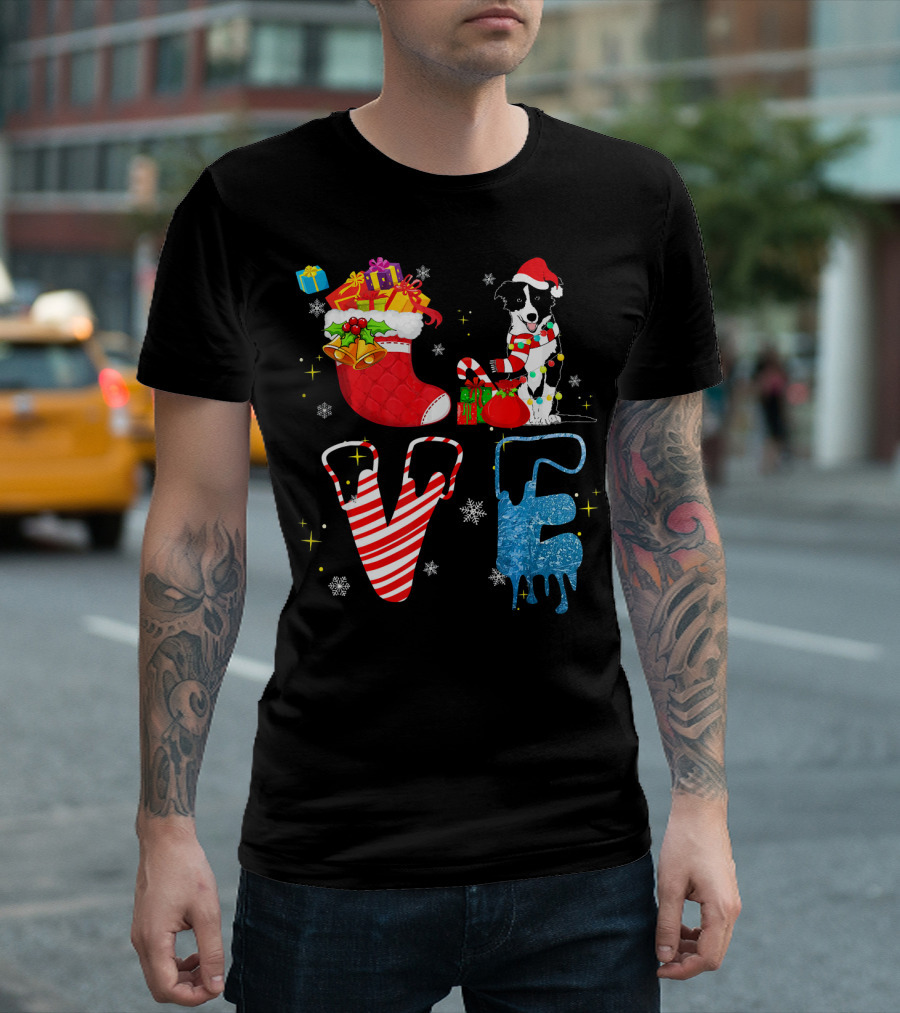 Border Collie Forever Love Merry Christmas Stocking Santa Hat Snowflakes T-Shirt