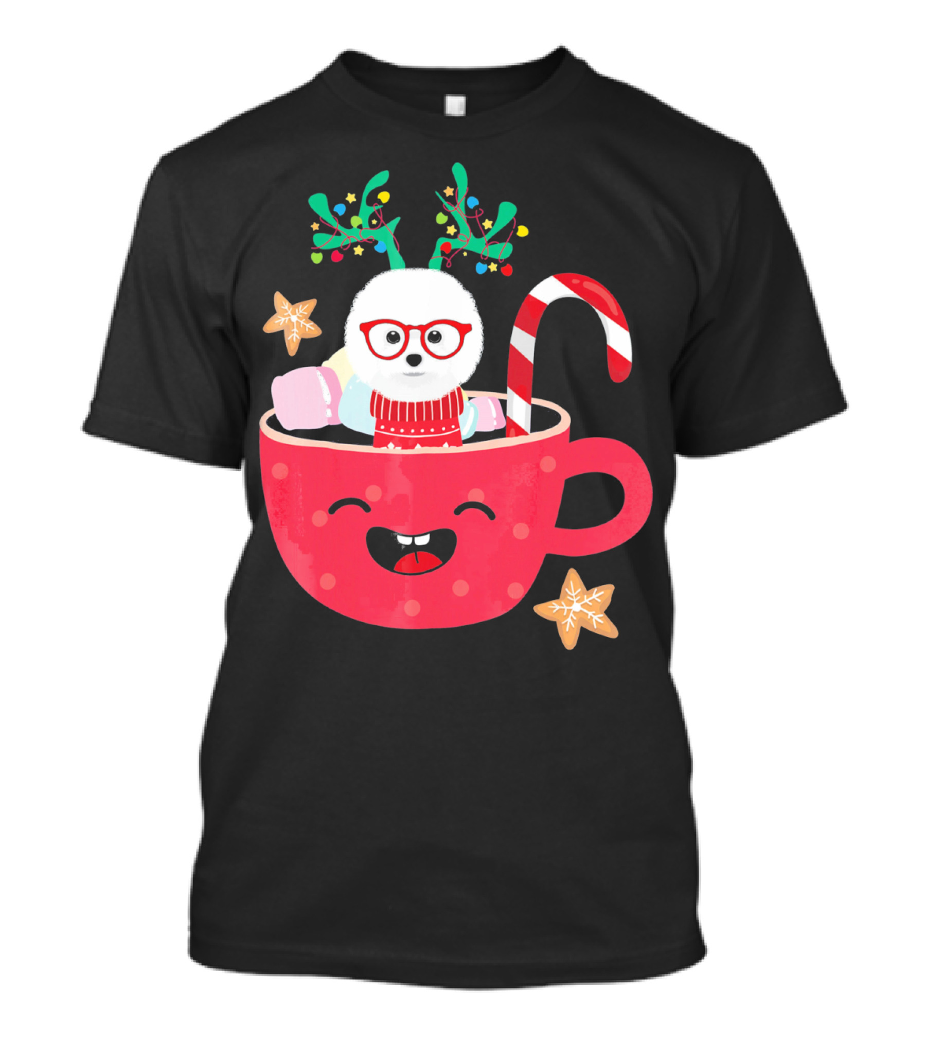 Bichon Frise Teacup Christmas Holiday With Candy Cane And Gingerbread Cookies T-Shirt