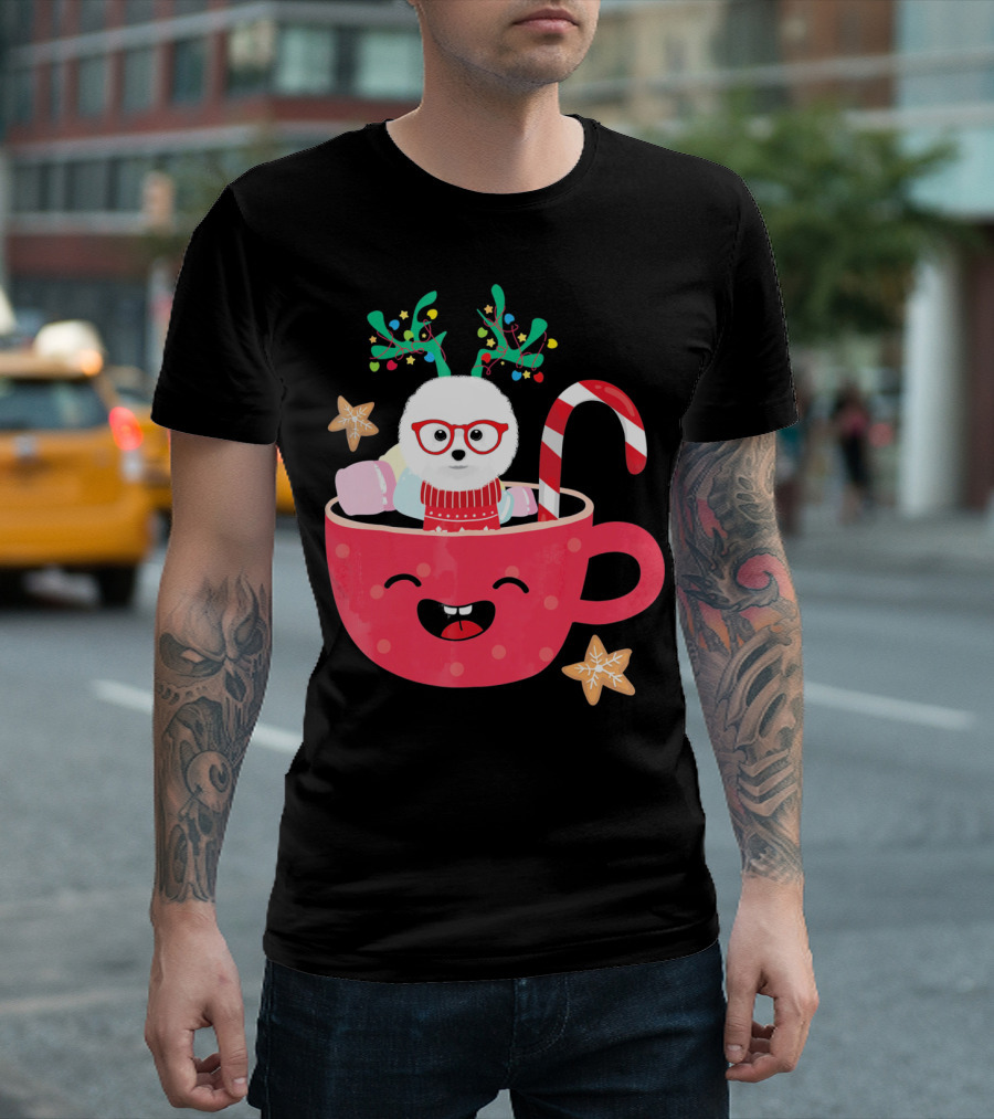 Bichon Frise Teacup Christmas Holiday With Candy Cane And Gingerbread Cookies T-Shirt