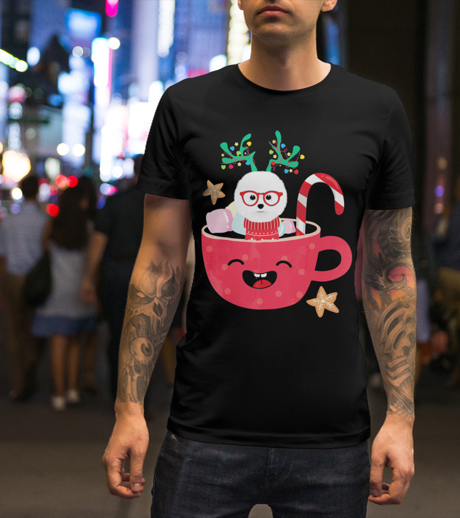 Bichon Frise Teacup Christmas Holiday With Candy Cane And Gingerbread Cookies T-Shirt