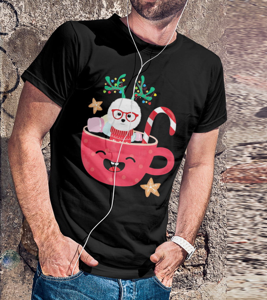 Bichon Frise Teacup Christmas Holiday With Candy Cane And Gingerbread Cookies T-Shirt