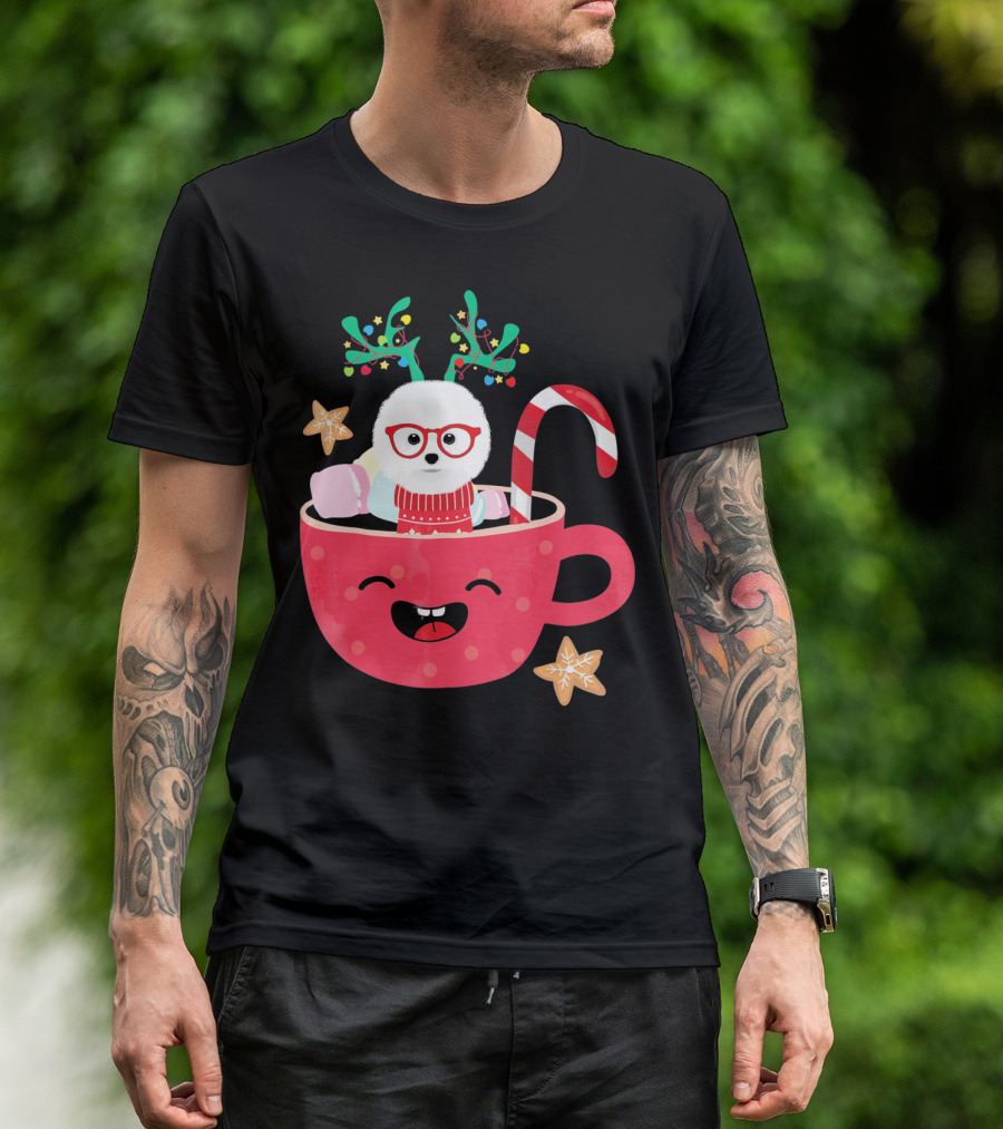 Bichon Frise Teacup Christmas Holiday With Candy Cane And Gingerbread Cookies T-Shirt