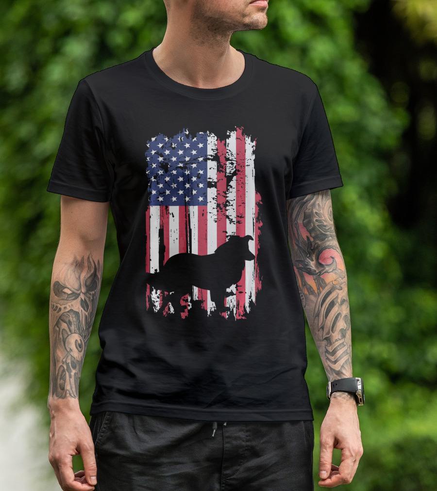 Border Collie Silhouette On Distressed American Flag Background T-Shirt